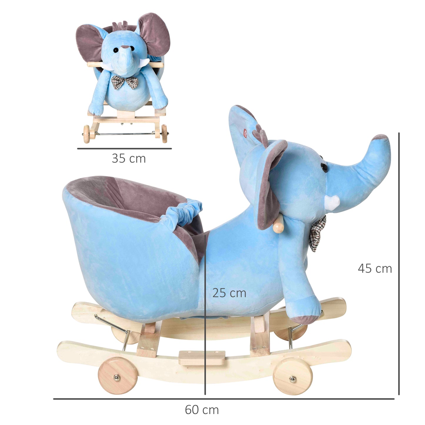 HOMCOM Cavalo Baloiço com Rodas e Forma de Elefante Cavalo Baloiço para Bebés acima de 18 Meses com Músicas Infantis e Cinto de Segurança Carga Máxima 60 kg 60x35x45 cm Azul