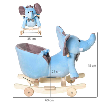 HOMCOM Cavalo Baloiço com Rodas e Forma de Elefante Cavalo Baloiço para Bebés acima de 18 Meses com Músicas Infantis e Cinto de Segurança Carga Máxima 60 kg 60x35x45 cm Azul