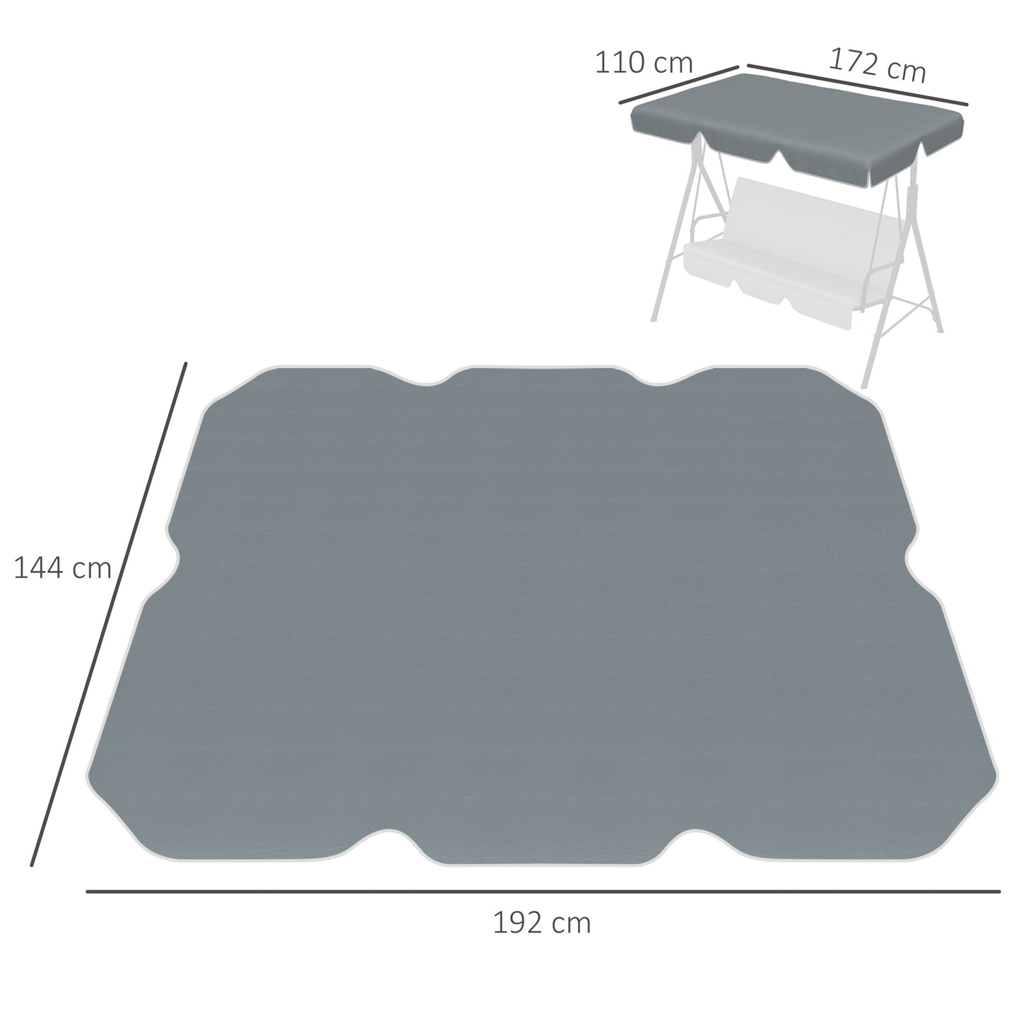 Outsunny Toldo de Substituição para Baloiço de 2 Lugares Cobertura de Substituição para Baloiço com Proteção UV50+ para Jardim Varanda Pátio 192x144 cm Cinza Escuro