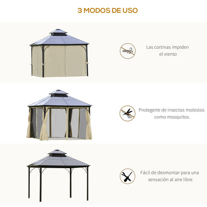 Outsunny Gazebo 3x3 m com teto duplo de policarbonato e 4 cortinas 4 redes mosquiteiras com zíper, moldura de alumínio bege e preto