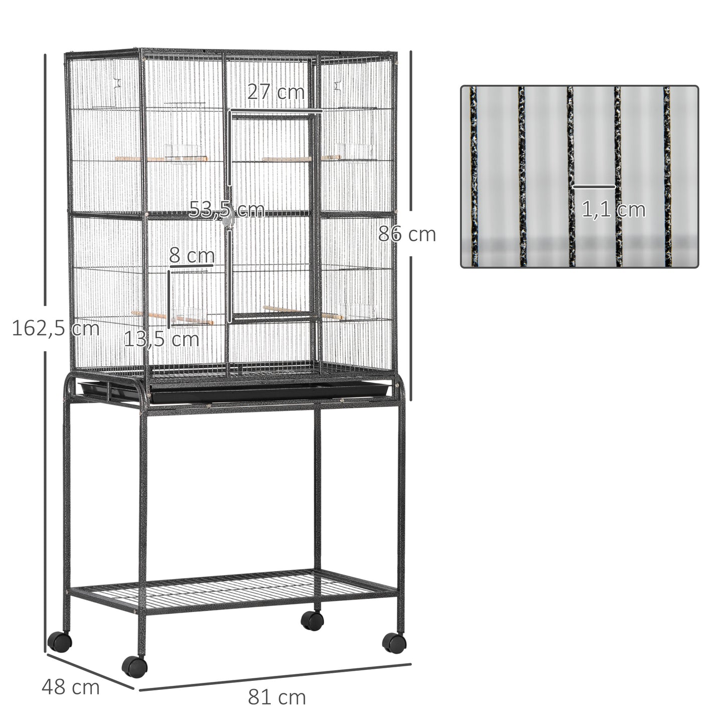 PawHut Gaiola para Pássaros com Rodas 81x48x162,5 cm Gaiola de Metal com Bandeja 4 Poleiros 4 Comedouros e Prateleira de Armazenamento para Canários Periquitos Preto e Cinza