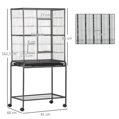 PawHut Gaiola para Pássaros com Rodas 81x48x162,5 cm Gaiola de Metal com Bandeja 4 Poleiros 4 Comedouros e Prateleira de Armazenamento para Canários Periquitos Preto e Cinza