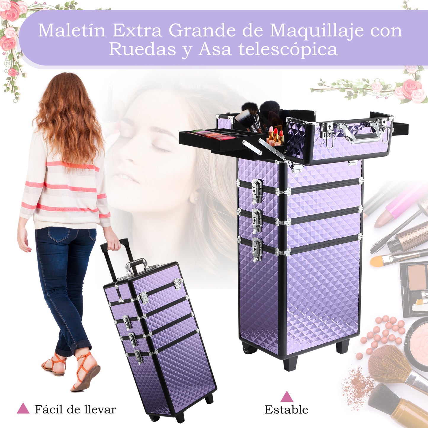 HOMCOM Mala de Maquilhagem Professional com Rodas Universais Mala de Maquilhagem com Diferentes Níveis Alça Extensível Trolley de Maquilhagem 33,5x23x76-95,5 cm Roxo