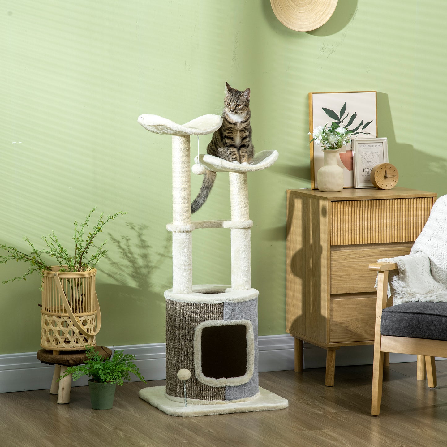 PawHut Árvore Arranhador para Gatos Torre para Gatos Altura 110cm com Caverna de Pélucia Plataformas Postes de Sisal e Bolas para Brincar 48x48x110cm Creme e Cinza