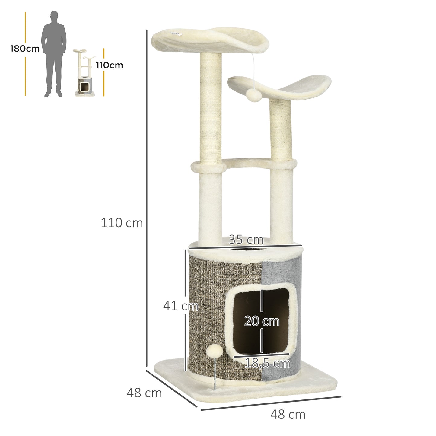 PawHut Árvore Arranhador para Gatos Torre para Gatos Altura 110cm com Caverna de Pélucia Plataformas Postes de Sisal e Bolas para Brincar 48x48x110cm Creme e Cinza