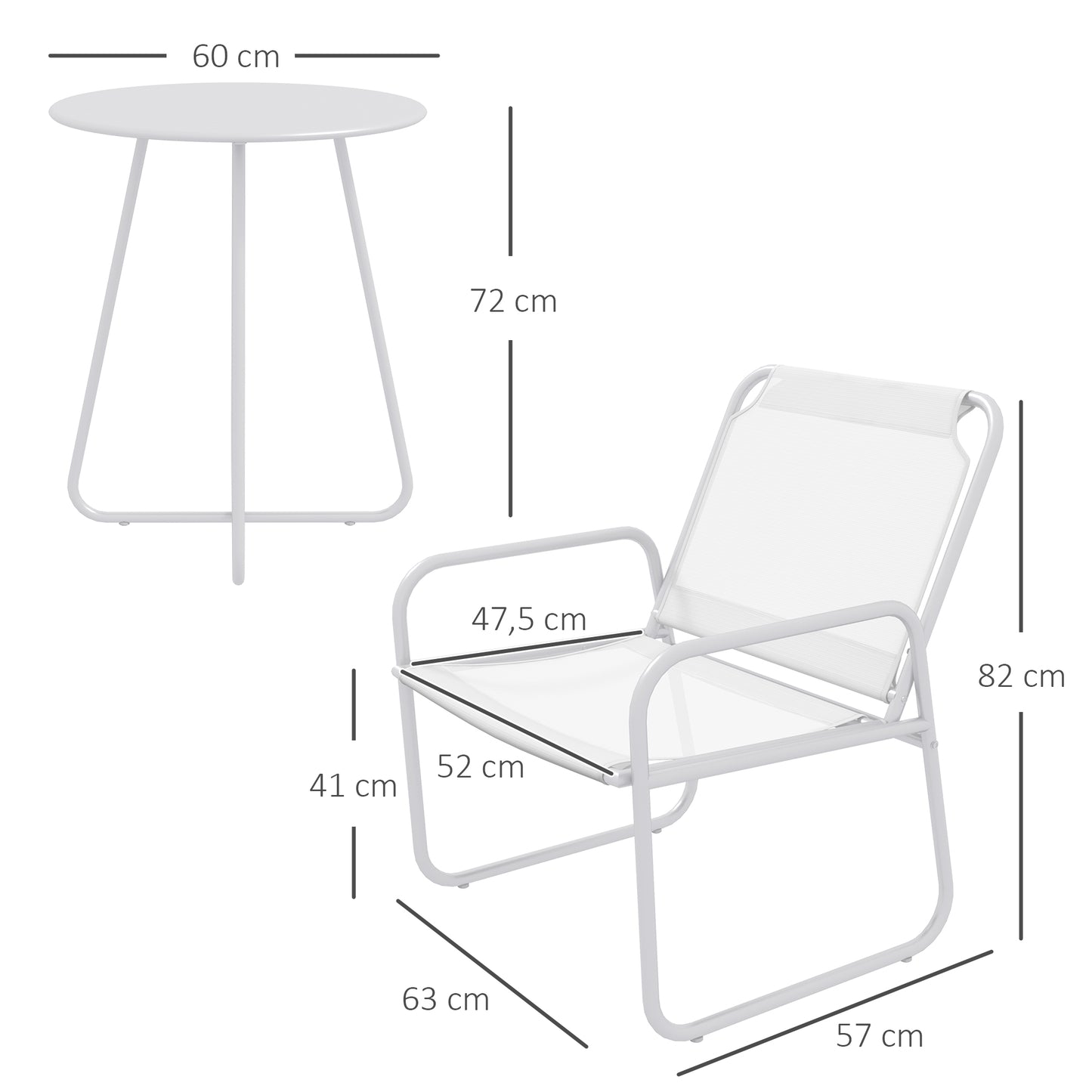 Outsunny Conjunto de Móveis de Jardim Conjunto de 1 Mesa Redonda e 2 Cadeiras de Varanda com Estrutura de Aço Apoio para os Braços e Pés com Almofadas Ajustáveis para Varanda Pátio Branco