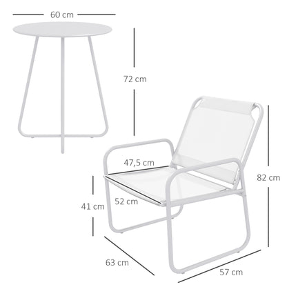 Outsunny Conjunto de Móveis de Jardim Conjunto de 1 Mesa Redonda e 2 Cadeiras de Varanda com Estrutura de Aço Apoio para os Braços e Pés com Almofadas Ajustáveis para Varanda Pátio Branco