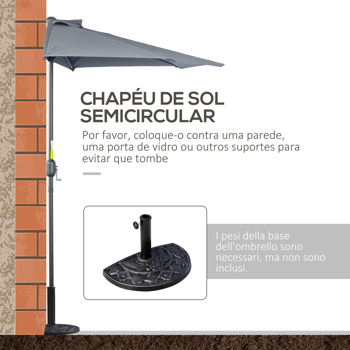 Outsunny Chapéu de Sol Semicircular 269x138x236cm Chapéu de Sol à Manivela para Jardim Terraço Pátio Piscina Cinza