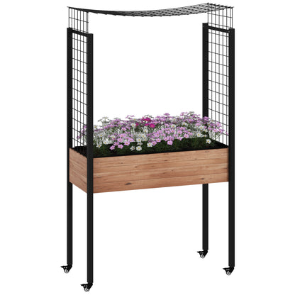 Outsunny Horta Elevada com Rodas Horta Urbana Elevada com Treliça Orifícios de Drenagem para Plantas Trepadeiras Flores 110x49x190 cm Marrom