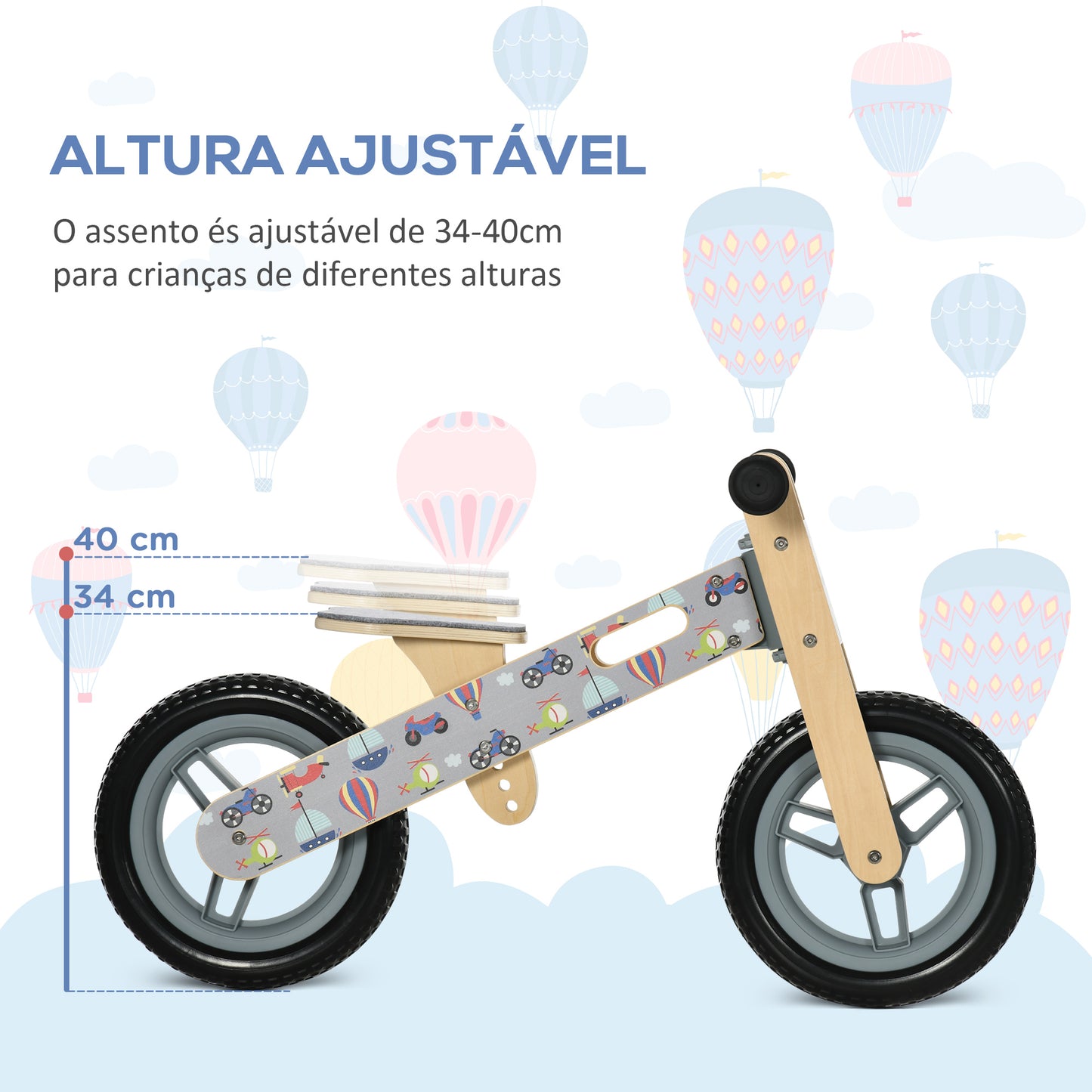 AIYAPLAY Bicicleta sem Pedais de Madeira para Crianças de 3-6 Anos com Assento Ajustável 34-40cm Bicicleta de Equilíbrio Infantil com Rodas de 12" Carga Máxima 30kg 87x37x50cm Cinza