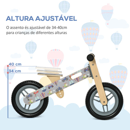 AIYAPLAY Bicicleta sem Pedais de Madeira para Crianças de 3-6 Anos com Assento Ajustável 34-40cm Bicicleta de Equilíbrio Infantil com Rodas de 12" Carga Máxima 30kg 87x37x50cm Cinza