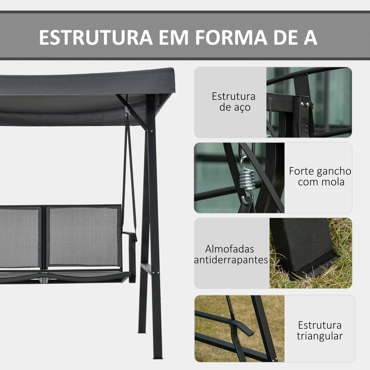 Outsunny Baloiço de Jardim de 2 Lugares com Teto Ajustável Encosto Respirável e Estrutura de Aço para Balção Terraço Exterior Carga Máx. 220kg 150x11x170cm Cinza