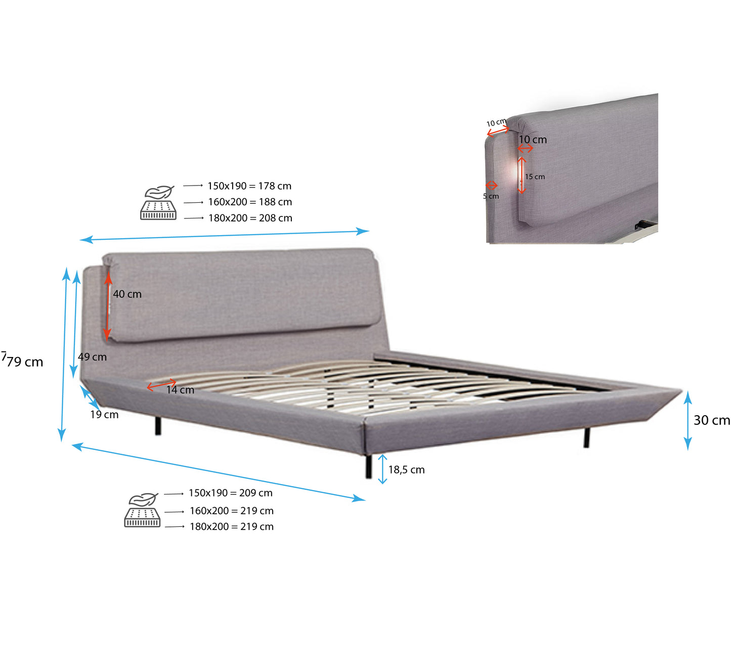 Cama de Casal Flutuante "Beatrice" em Cinzento - 150x190 cm – Design Moderno