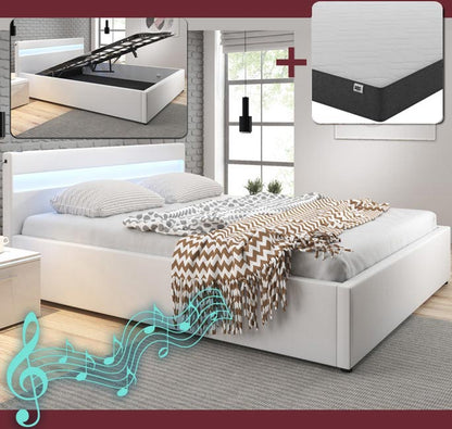 Cama de matrimonio canapé con música (subwoofer)  Barry en color blanco con colchón (150x190cm)