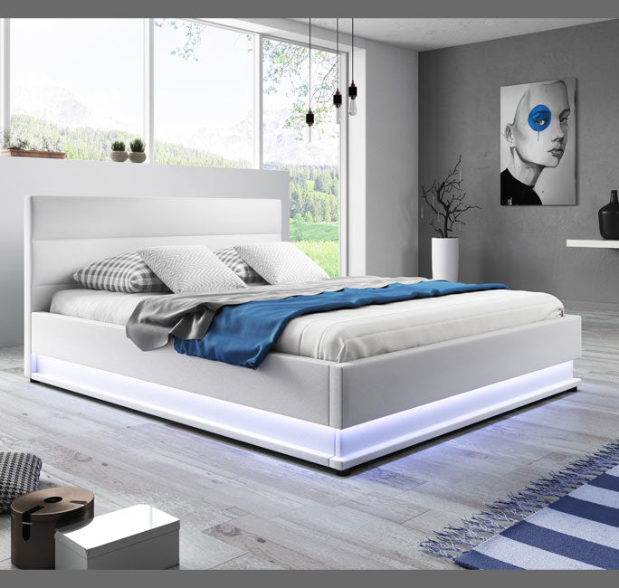 Cama Hidráulica com Arrumação "Naomi" - 150x190 cm - Branco - Polipele PU - Somier e Colchão Incluídos - Design Moderno