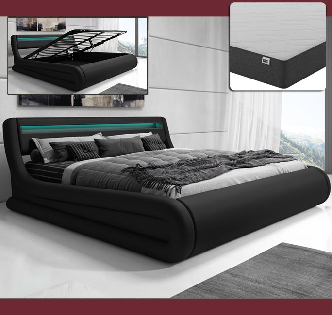 Cama Hidráulica com Arrumação "Riana" - 180x200 cm - Preto - Polipele PU - Somier e Colchão Incluídos - Design Moderno