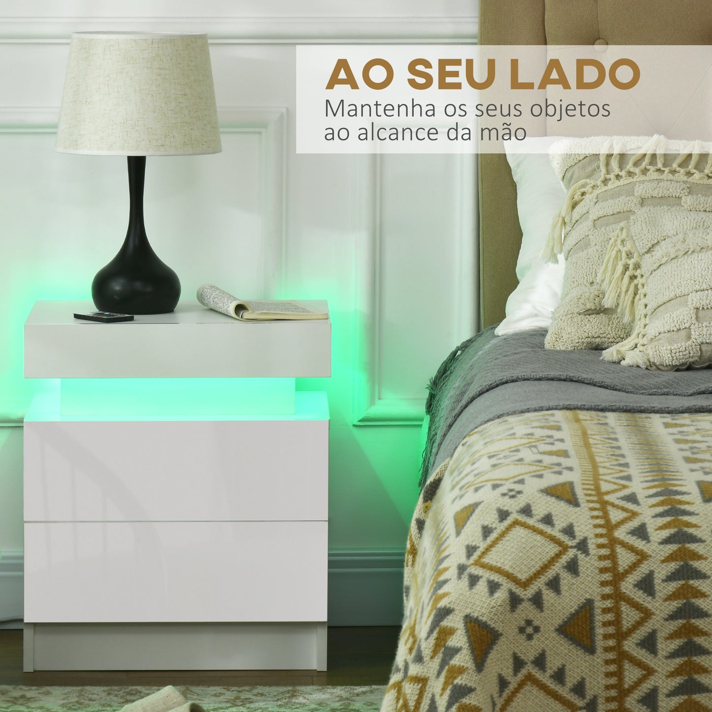 HOMCOM Mesa de Cabeceira com Luz LED Mesa de Cabeceira com Painel de Alto Brilho 2 Gavetas e Controlo Remoto para Sala de Estar Dormitório 45x35x52 cm Branco