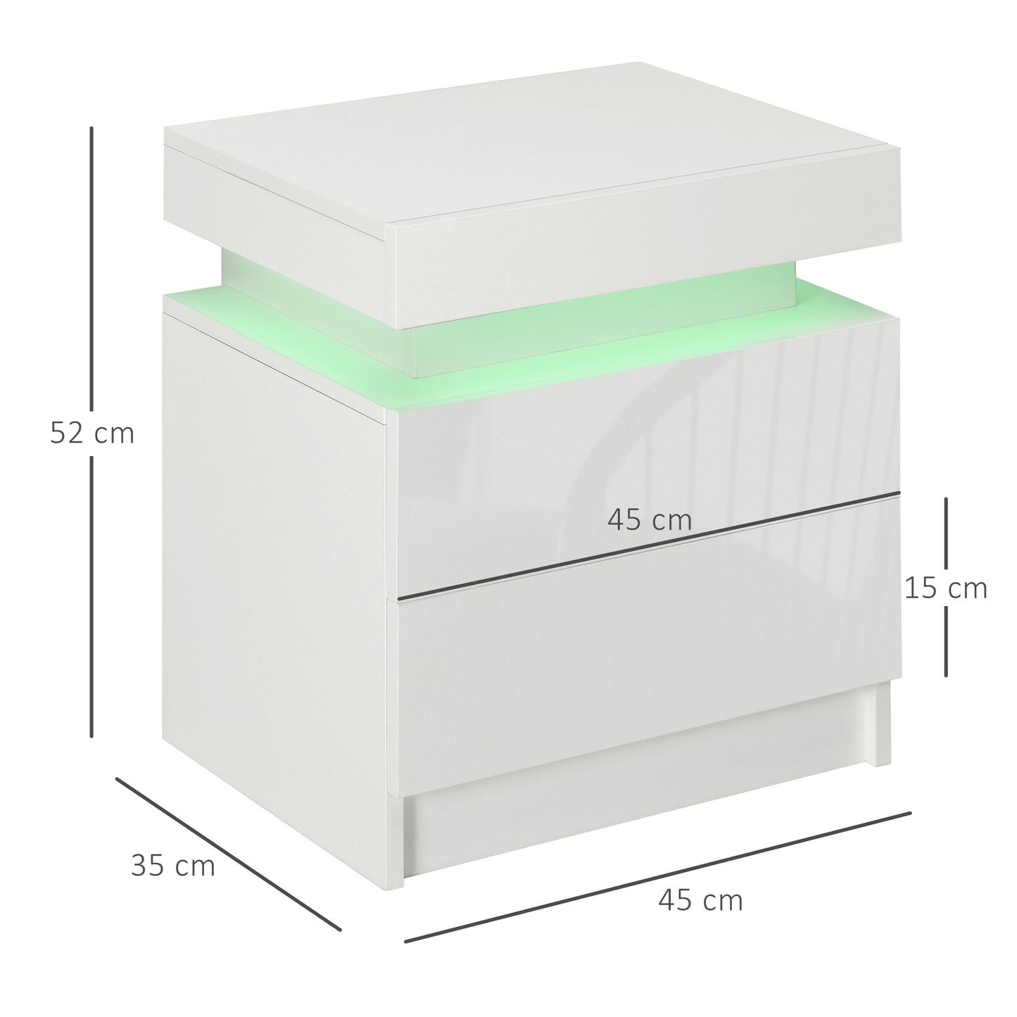 HOMCOM Mesa de Cabeceira com Luz LED Mesa de Cabeceira com Painel de Alto Brilho 2 Gavetas e Controlo Remoto para Sala de Estar Dormitório 45x35x52 cm Branco