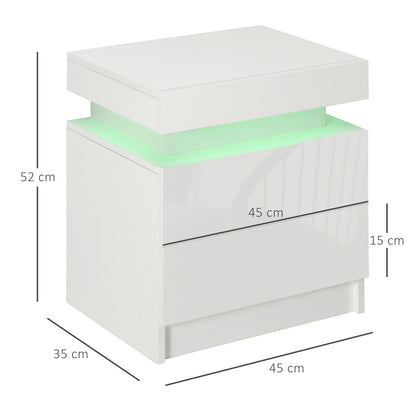 HOMCOM Mesa de Cabeceira com Luz LED Mesa de Cabeceira com Painel de Alto Brilho 2 Gavetas e Controlo Remoto para Sala de Estar Dormitório 45x35x52 cm Branco