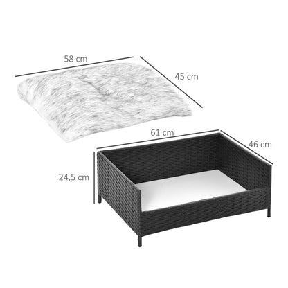 PawHut Sofá Cama para Cães de Vime Cama Elevada para Gatos Retangular com Almofada Suave e Lavável para Interior e Exterior 61x46x24,5cm Preto