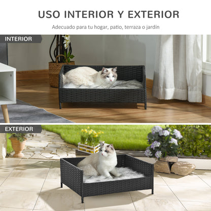 PawHut Sofá Cama para Cães de Vime Cama Elevada para Gatos Retangular com Almofada Suave e Lavável para Interior e Exterior 61x46x24,5cm Preto