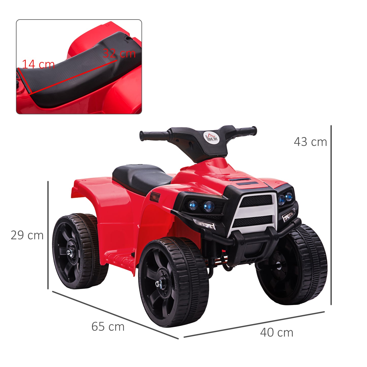 HOMCOM Quadriciclo Elétrico para Crianças acima de 18 Meses Quadriciclo Infantil a Bateria 6V Faróis Buzina Velocidade -3km/h Avanço e Recuo 65x40x43cm Vermelho