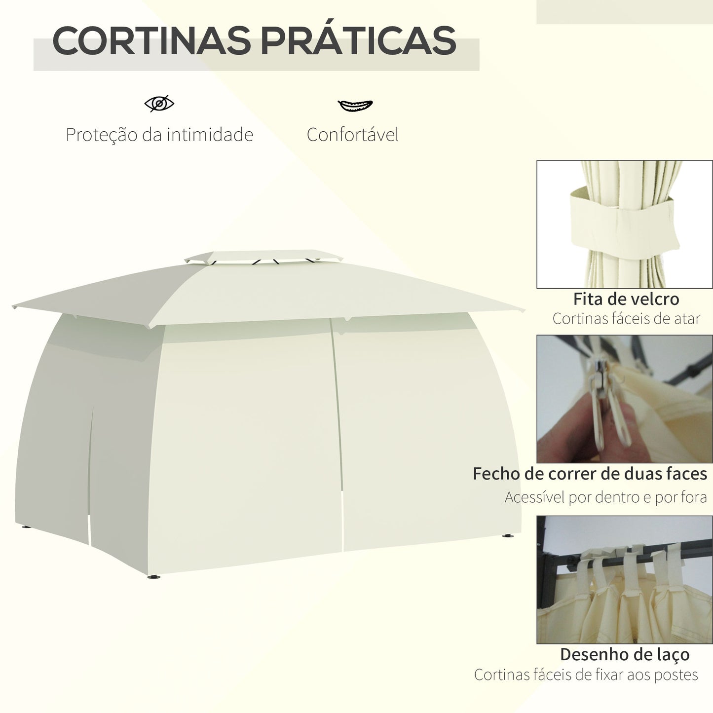 Outsunny Pérgola de Jardim 4x3 Pérgola de Exterior com Teto Duplo 4 Cortinas Laterais 4 Telas Mosquiteiras com Zíper e Estrutura de Aço para Festas Eventos Bege