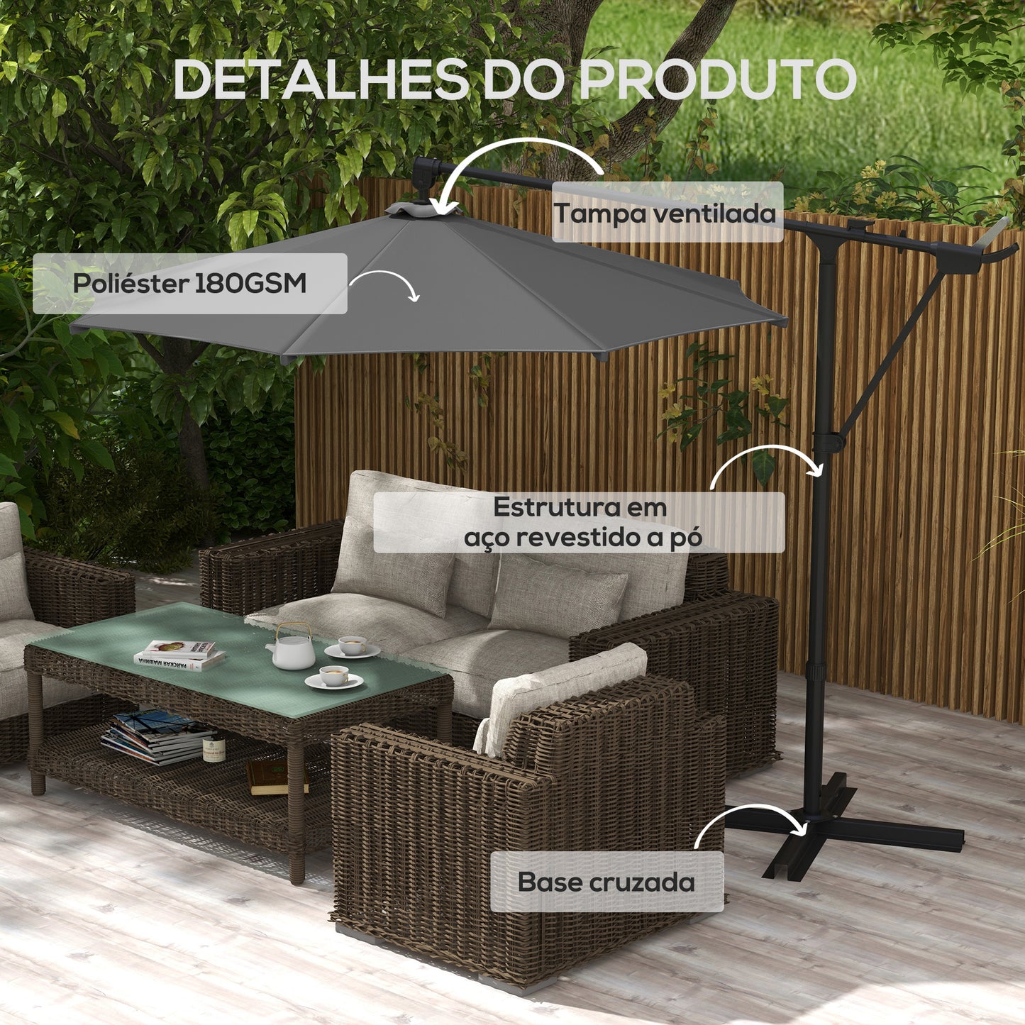 Outsunny Chapéu de Sol Excêntrico para Jardim 3x3 m Chapéu de Sol Giratório 360° com Maçaneta Manual 8 Hastes Base Cruzada e Estrutura de Aço para Terraço Pátio Varanda Cinza Escuro