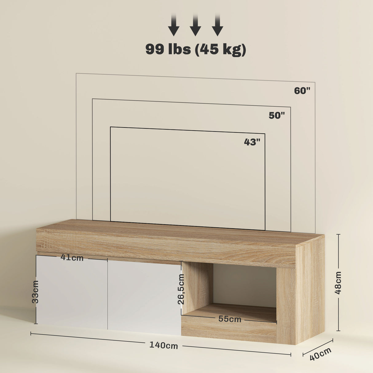 Móvel de TV "Lund" – Com 2 Portas e Prateleira Aberta – Para Televisores até 60" – 140x40x48 cm – Branco e Madeira