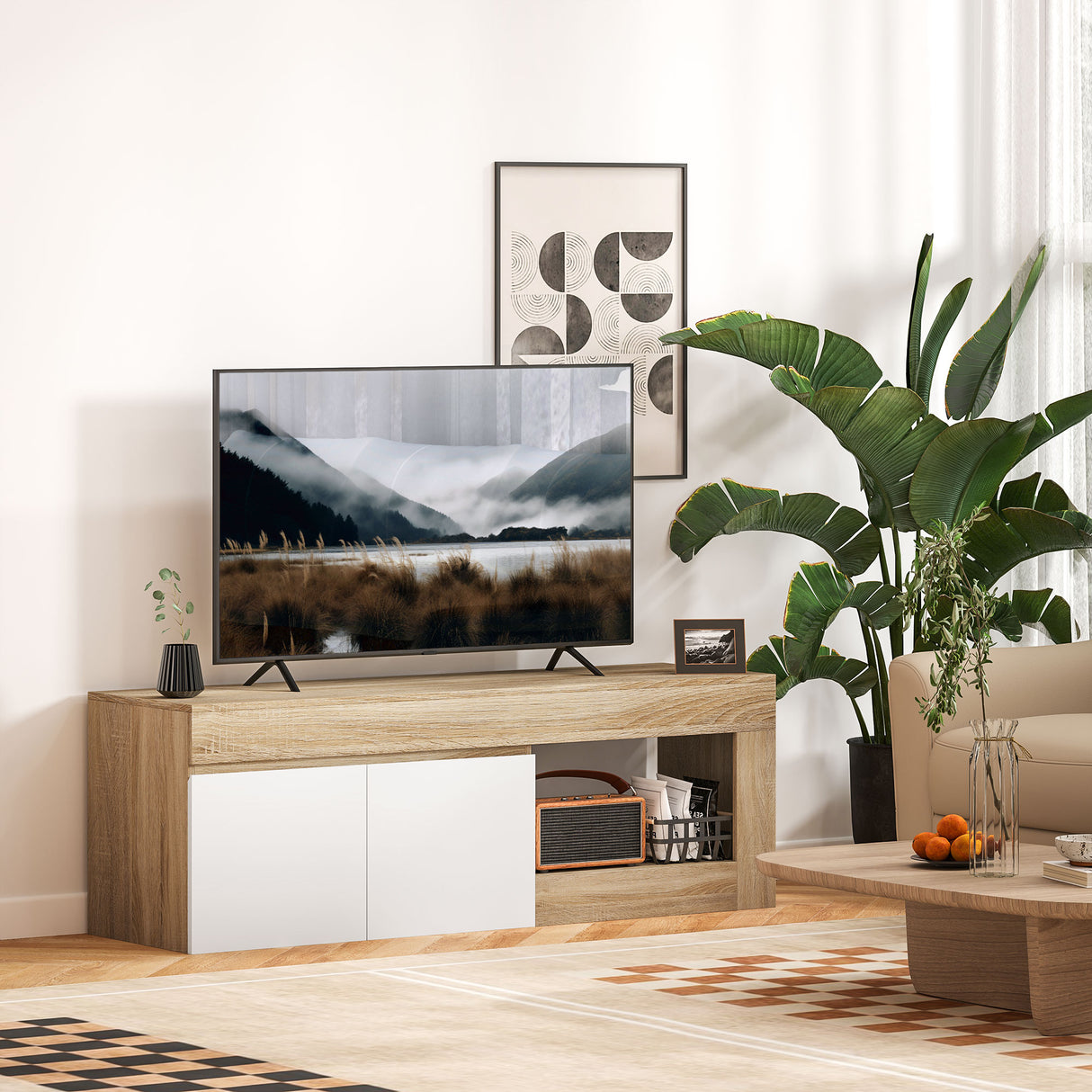 Móvel de TV "Lund" – Com 2 Portas e Prateleira Aberta – Para Televisores até 60" – 140x40x48 cm – Branco e Madeira