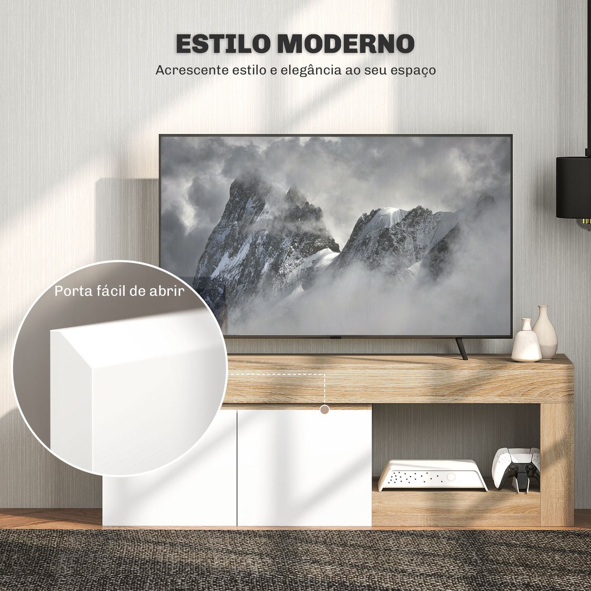 Móvel de TV "Lund" – Com 2 Portas e Prateleira Aberta – Para Televisores até 60" – 140x40x48 cm – Branco e Madeira