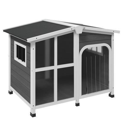 PawHut Casa para Cães de Madeira 101x66,5x70,5cm Casa para Animais de Estimação com Teto Abatível Frontal de Acrílico Porta com Cortina e Fundo Amovível Cinza Escuro