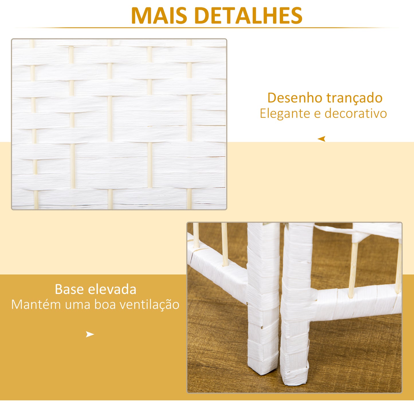 HOMCOM Biombo Separador de Ambientes de 3 Painéis 120x170 cm Divisória de Ambientes Dobrável com Corda de Papel e Estrutura de Madeira Decoração para Dormitório Sala de Estar Branco