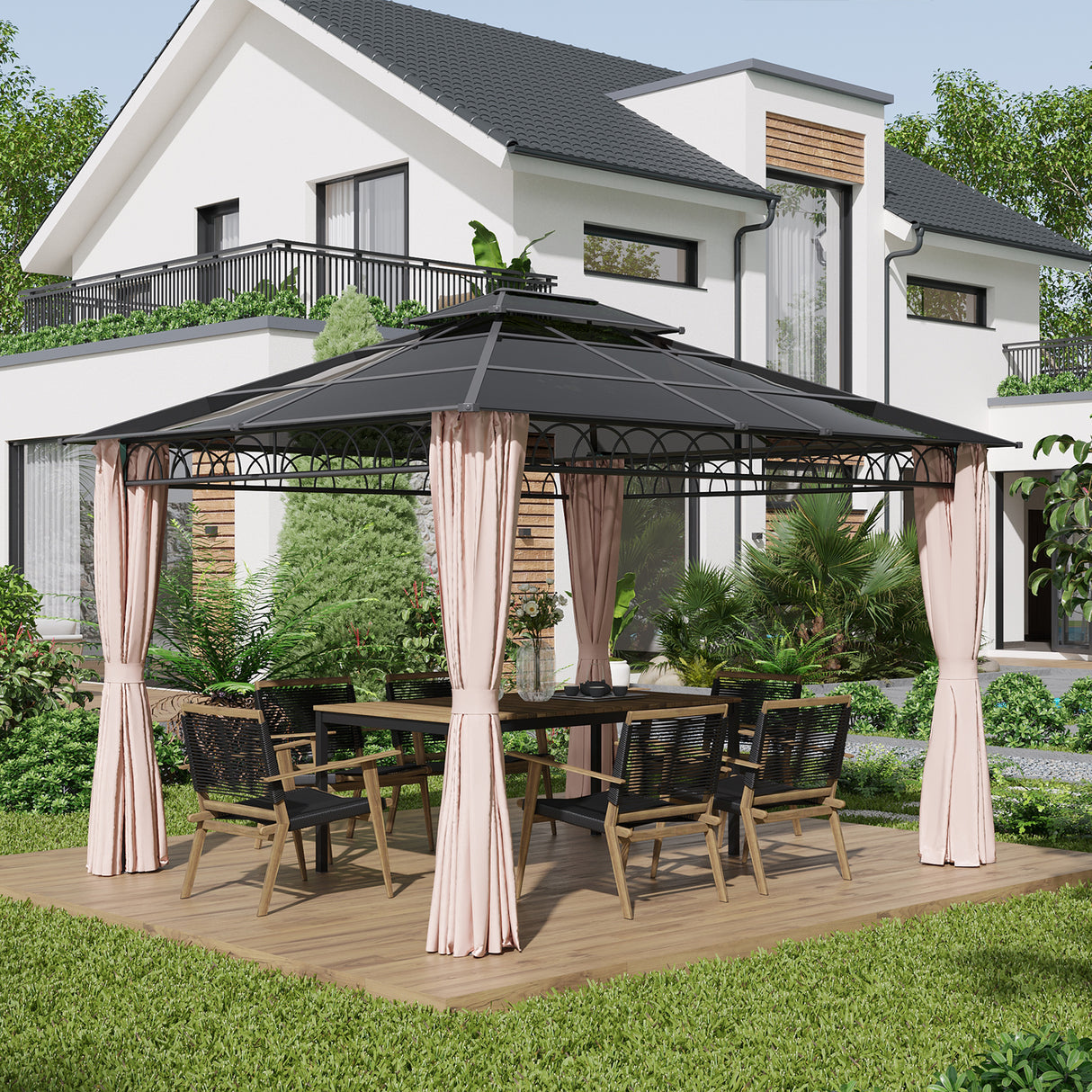 Outsunny Pérgola de Jardim 3,6x3m Pérgola de Exterior com Teto Duplo de Policarbonato 4 Cortinas Laterais Mosquiteiras com Zíper e Estrutura de Alumínio para Pátio Festas Preto Cinza e Cáqui