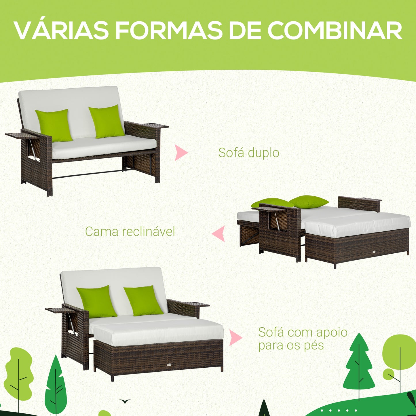 Outsunny Sofá de Vime de 2 Lugares com Mesas Laterais e Apoio para os Pés com Armazenamento Sofá de Jardim com Encosto Inclinável e Almofadas com Capas Removíveis 130x72x96cm Marrom e Bege