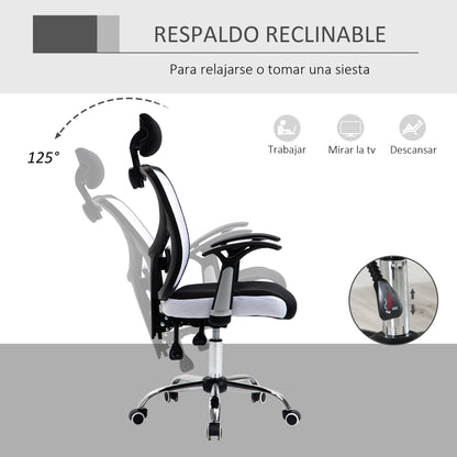 Cadeira de Escritório Ergonômica Cadeira de Escritório Giratória com Altura Ajustável Função Reclinável Apoio para a Cabeça e Suporte Lombar 65x67x108-118cm Branco