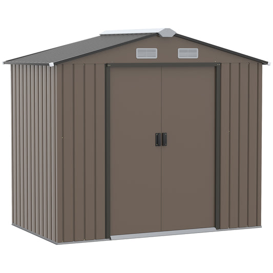 Outsunny Abrigo de Jardim 213x130x185 cm Abrigo de Jardim Metálico de Exterior para Armazenamento de Ferramentas com 2 Portas Deslizantes e 4 Janelas para Terraço Marrom