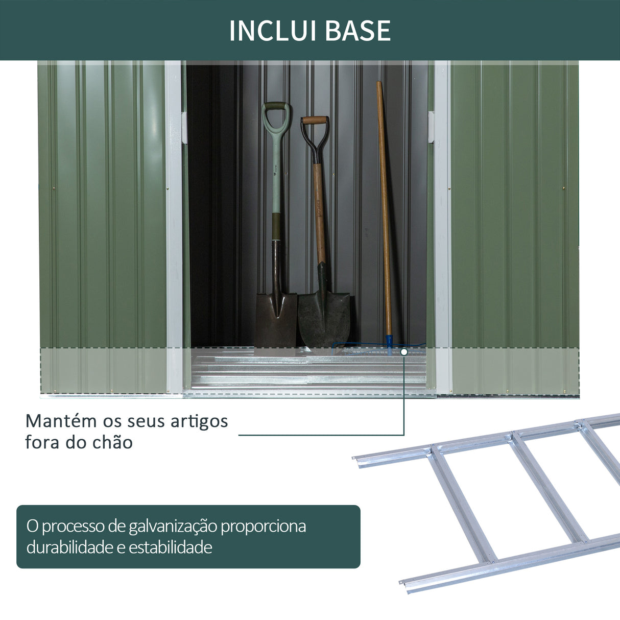 Abrigo de Jardim Metálico – 213x130x173 cm – Com Porta de Correr, Ventilações e Estrutura Resistente – Verde Claro