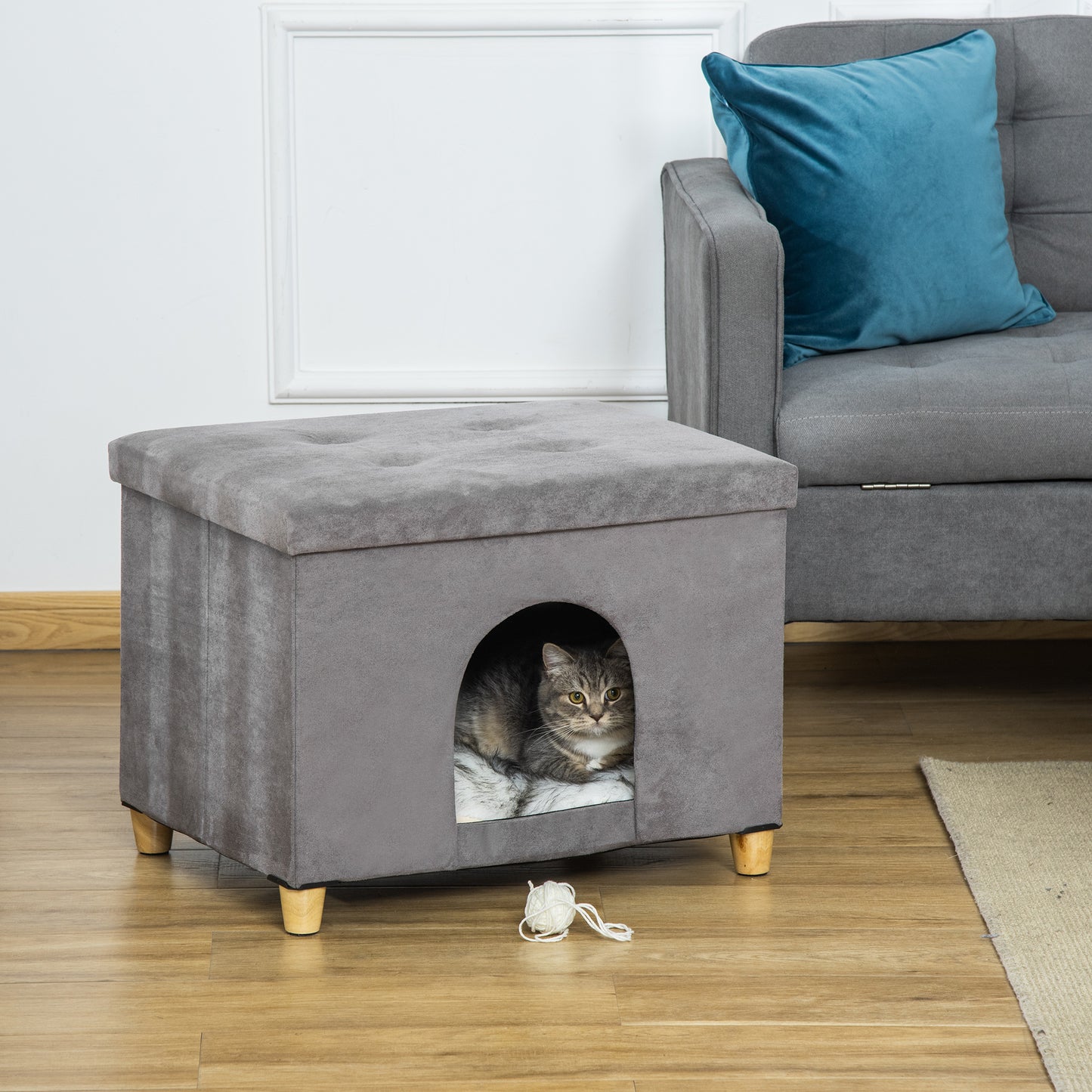 PawHut Caverna para Gatos 2 em 1 Banco para Apoio dos Pés com Tampa Removível Orifício de Entrada Almofada Lavável e Pés Elevados de Madeira para Interior 60x45x44,5cm Cinza