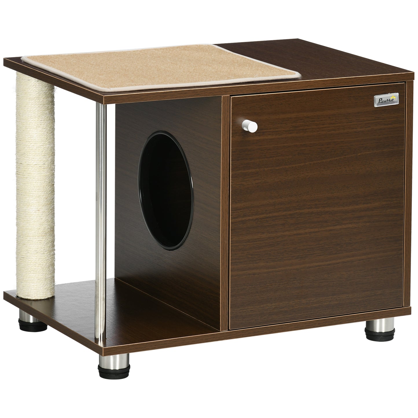 PawHut Móvel Caixa de Areia para Gatos Mesa Auxiliar com Almofada Macia Porta Magnética Poste de Arranhar Tapete Lateral de Sisal e Almofada Superior 60x40x48cm Nogueira