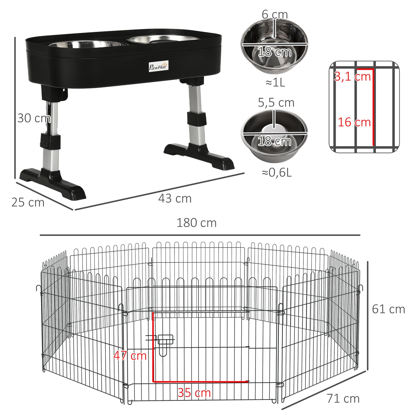 PawHut Conjunto para Animais de Estimação Parque para Animais de Estimação Dobrável de 8 Painéis e Comedouro Elevado para Cães com 4 Alturas Ajustáveis 71x61 cm 43x25x30 cm Preto