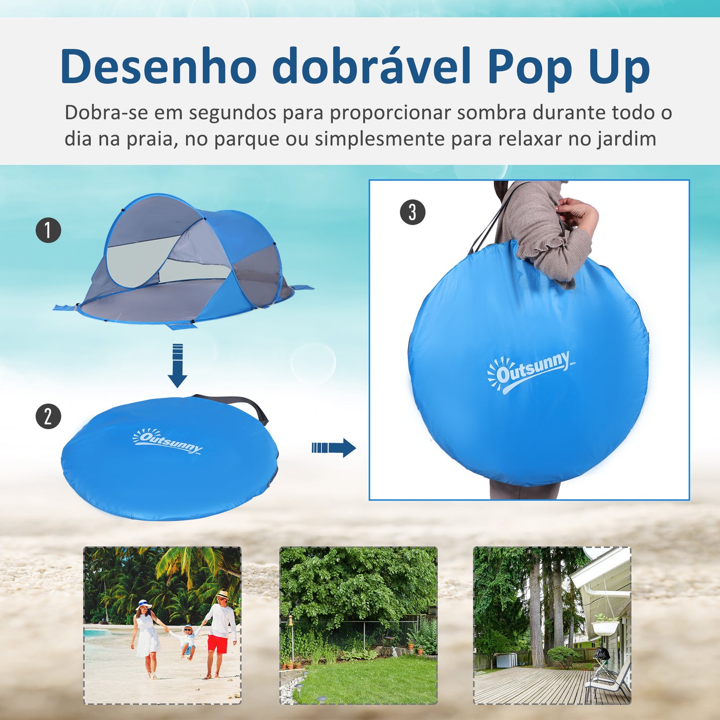 Outsunny Tenda de Praia Dobrável Pop-Up para 1-2 Pessoas com 1 Porta 2 Janelas e Bolsa de Transporte para Parque Campismo 200x120x90 cm Azul