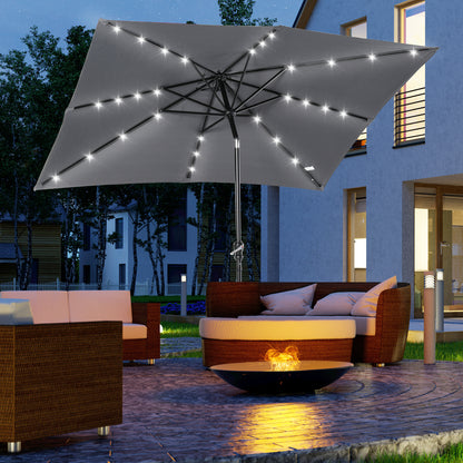 Outsunny Chapéu de Sol com Luzes LED 268x205x248 cm Chapéu de Sol de Jardim Inclinável até 45° Anti-UV e Abertura a Manivela para Pátio Varanda Cinza Escuro