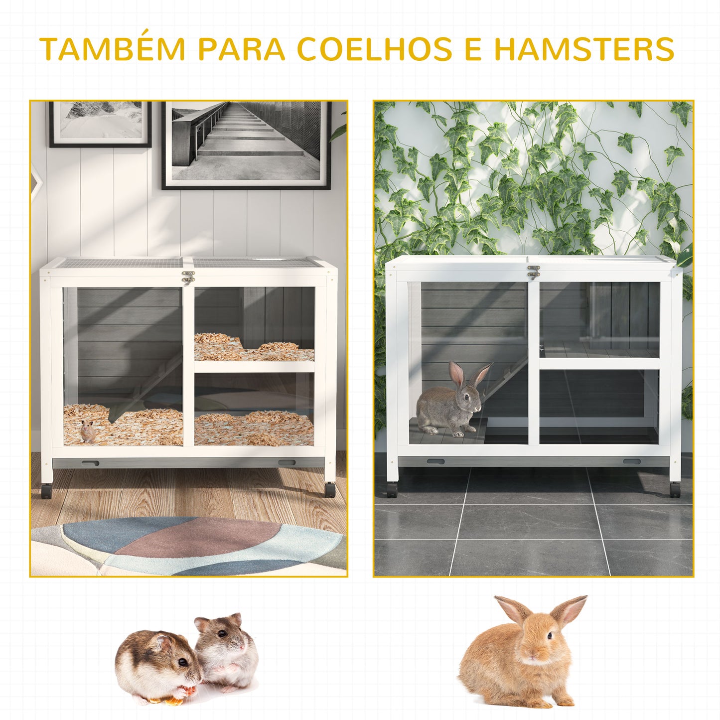 PawHut Coelheira de Madeira com Rodas 91,5x53,5x73cm Gaiola para Coelhos de 2 Níveis com Teto Abatível Bandeja Amovível e Rampa Cinza