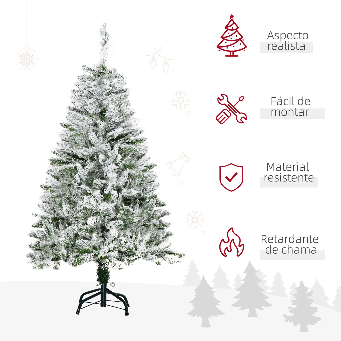 HOMCOM Árvore de Natal Artificial 120cm com Neve Ignífugo com 200 Ramos Folhas de PVC Base Dobrável e Suporte Metálico Decoração de Natal para Interiores Verde