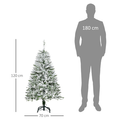 HOMCOM Árvore de Natal Artificial 120cm com Neve Ignífugo com 200 Ramos Folhas de PVC Base Dobrável e Suporte Metálico Decoração de Natal para Interiores Verde