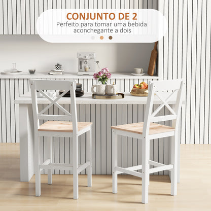 HOMCOM Conjunto de 2 Bancos de Bar de Madeira Bancos Altos de Cozinha com Encosto e Apoio para os Pés Estilo Rústico para Sala de Jantar 41x46x97.5 cm Natural