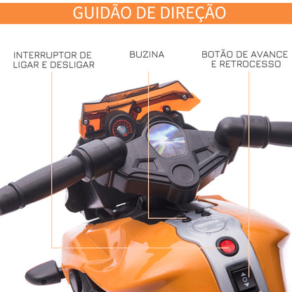 HOMCOM Moto Elétrica para Crianças a partir de 18 Meses 6V com Faróis Buzina 2 Rodas de Equilibrio Velocidade Máx. de 3km/h Motocicleta de Brinquedo 88,5x42,5x49cm Laranja