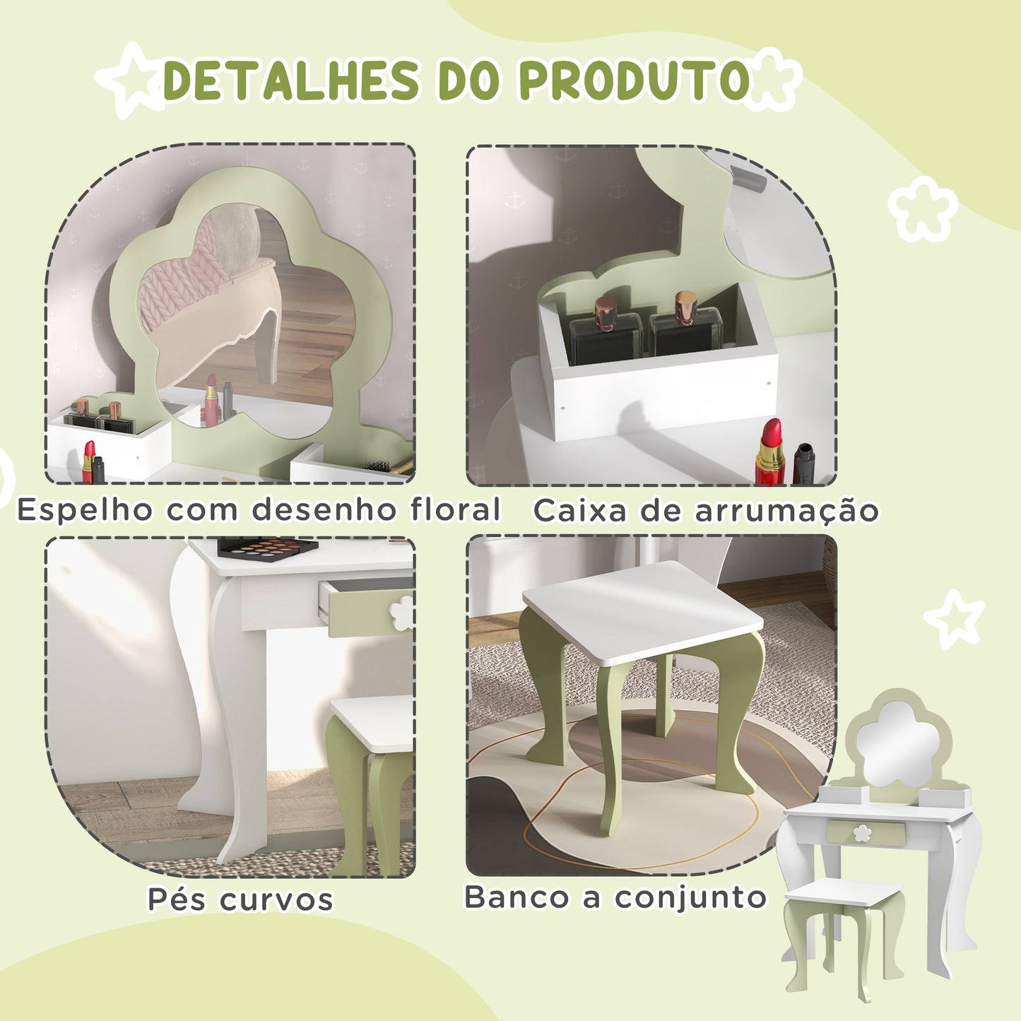 ZONEKIZ Toucador para Crianças com Espelho e Banco Toucador de Maquilhagem para Crianças de 3-6 Anos com 2 Compartimentos e Gaveta 55x34x87,5 cm Branco e Verde Pastel