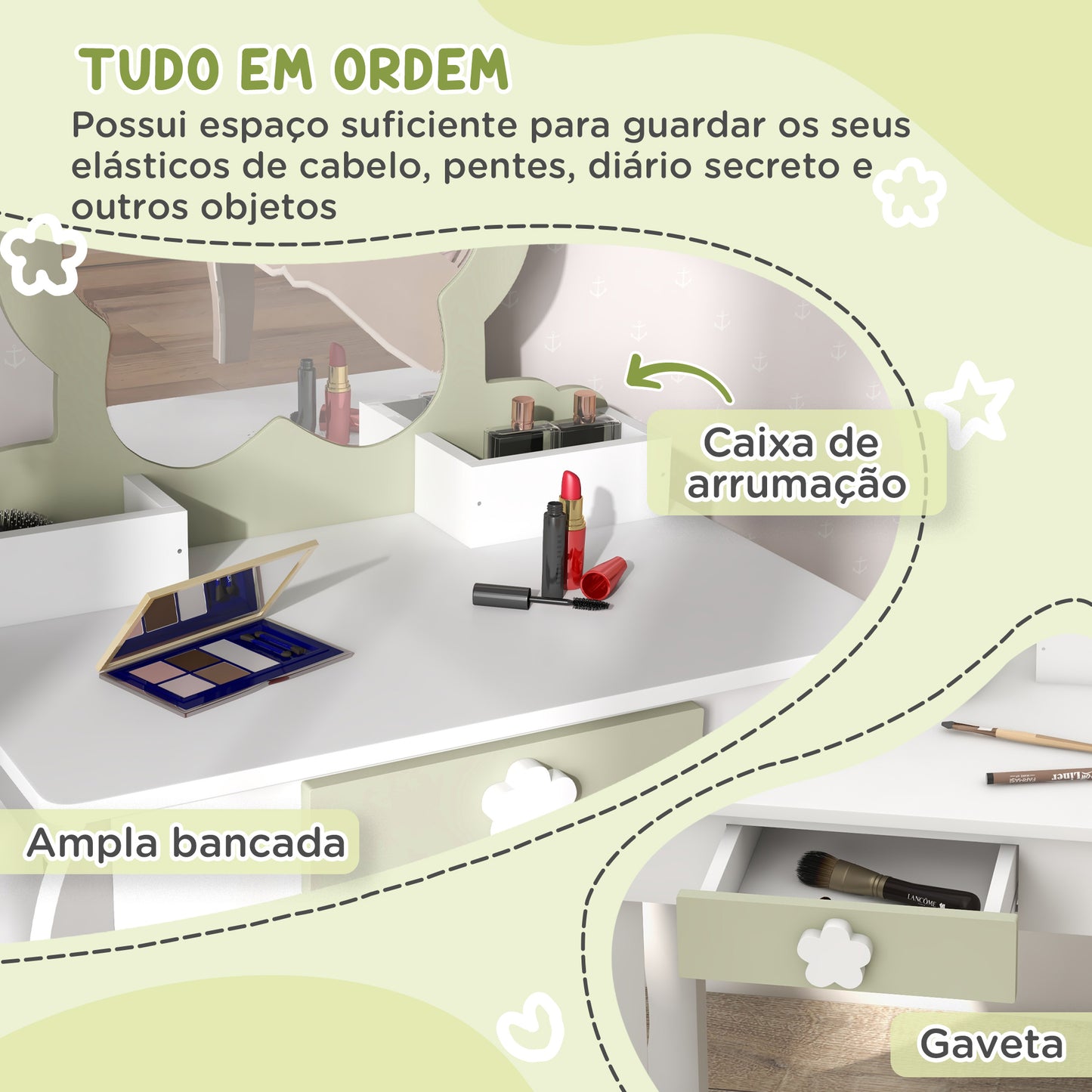 ZONEKIZ Toucador para Crianças com Espelho e Banco Toucador de Maquilhagem para Crianças de 3-6 Anos com 2 Compartimentos e Gaveta 55x34x87,5 cm Branco e Verde Pastel